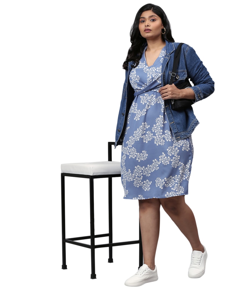 Floral Design Stylish Casual Dress Dusty Blue Dusty Blue